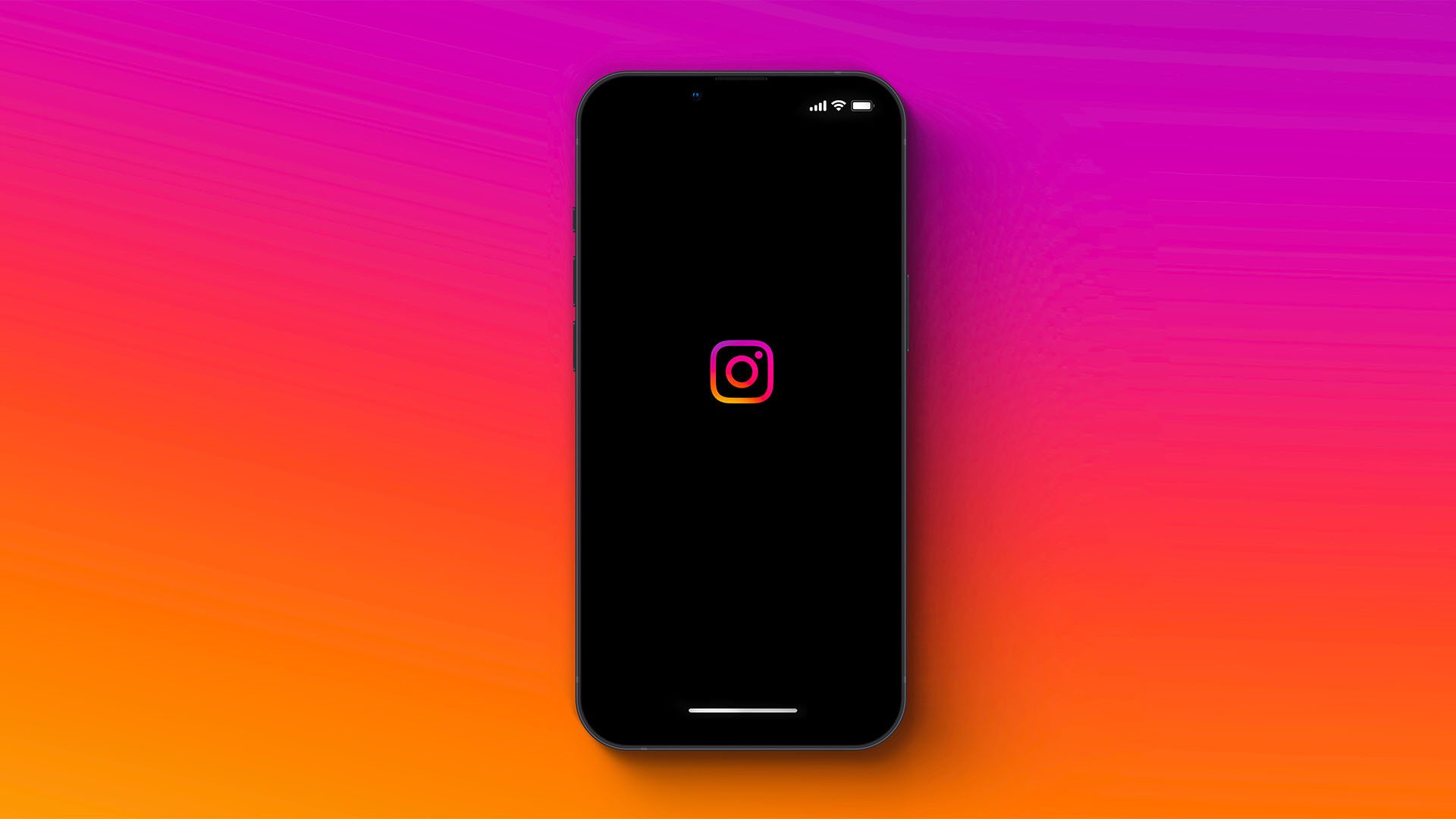 Phone in front of orange and purple gradient background. Its screen is completely black featuring the Instagram logo.