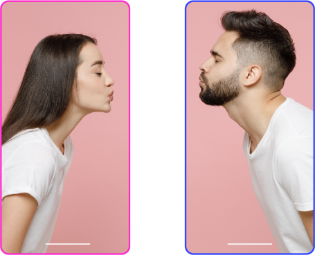 Two mobile phone screens with a woman in the left screen and a man in the right screen pouting for a kiss towards one another