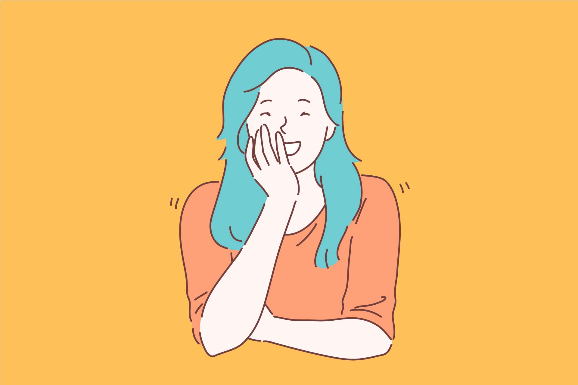 Cartoon of a woman with turquoise hair and orange shirt holding a hand to her face while giggling in orange background.