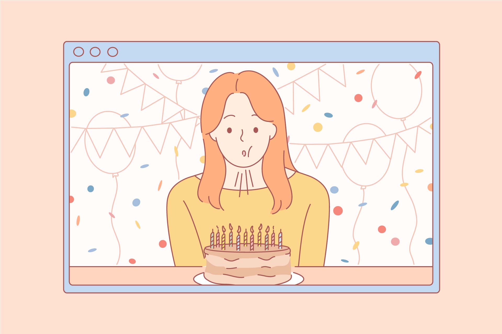 Cartoon woman with orange hair and yellow shirt blowing out candles on a birthday cake with party decorations behind her.