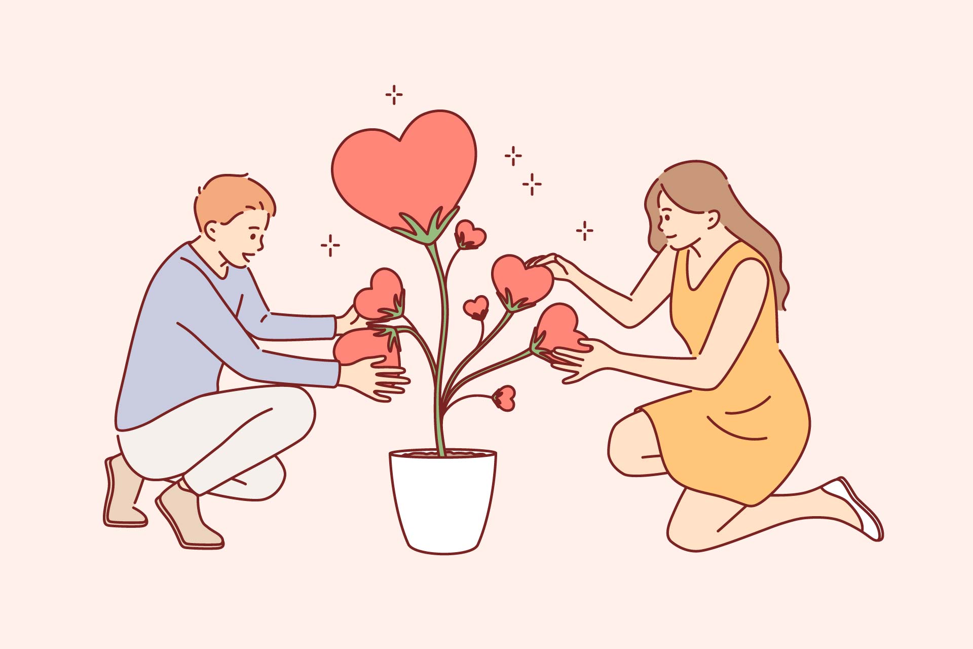 Cartoon man and woman kneeling down with a flower pot between them growing blooms in the shape of love hearts.