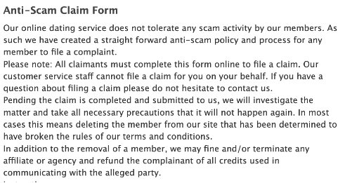 Asian Date Anti-scam claim form screenshot