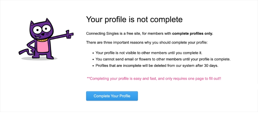 Connecting Singles incomplete profile message