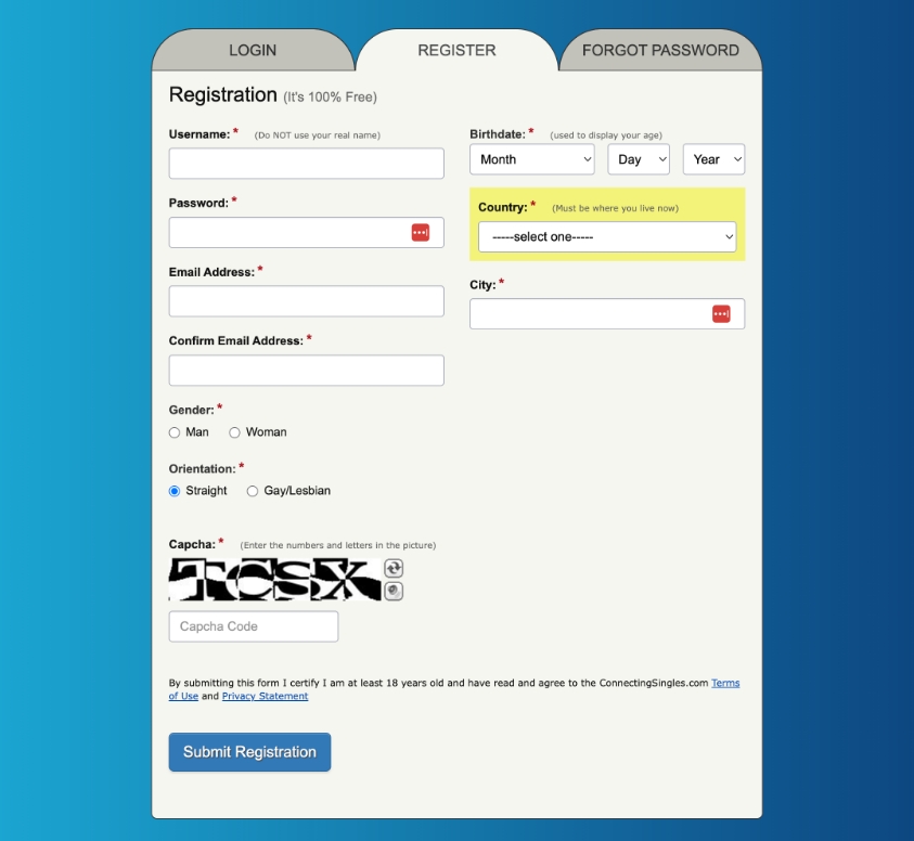 Connecting Singles registration form