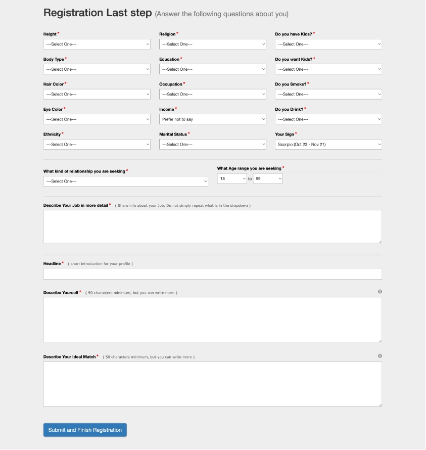 Connecting Singles registration form - last step