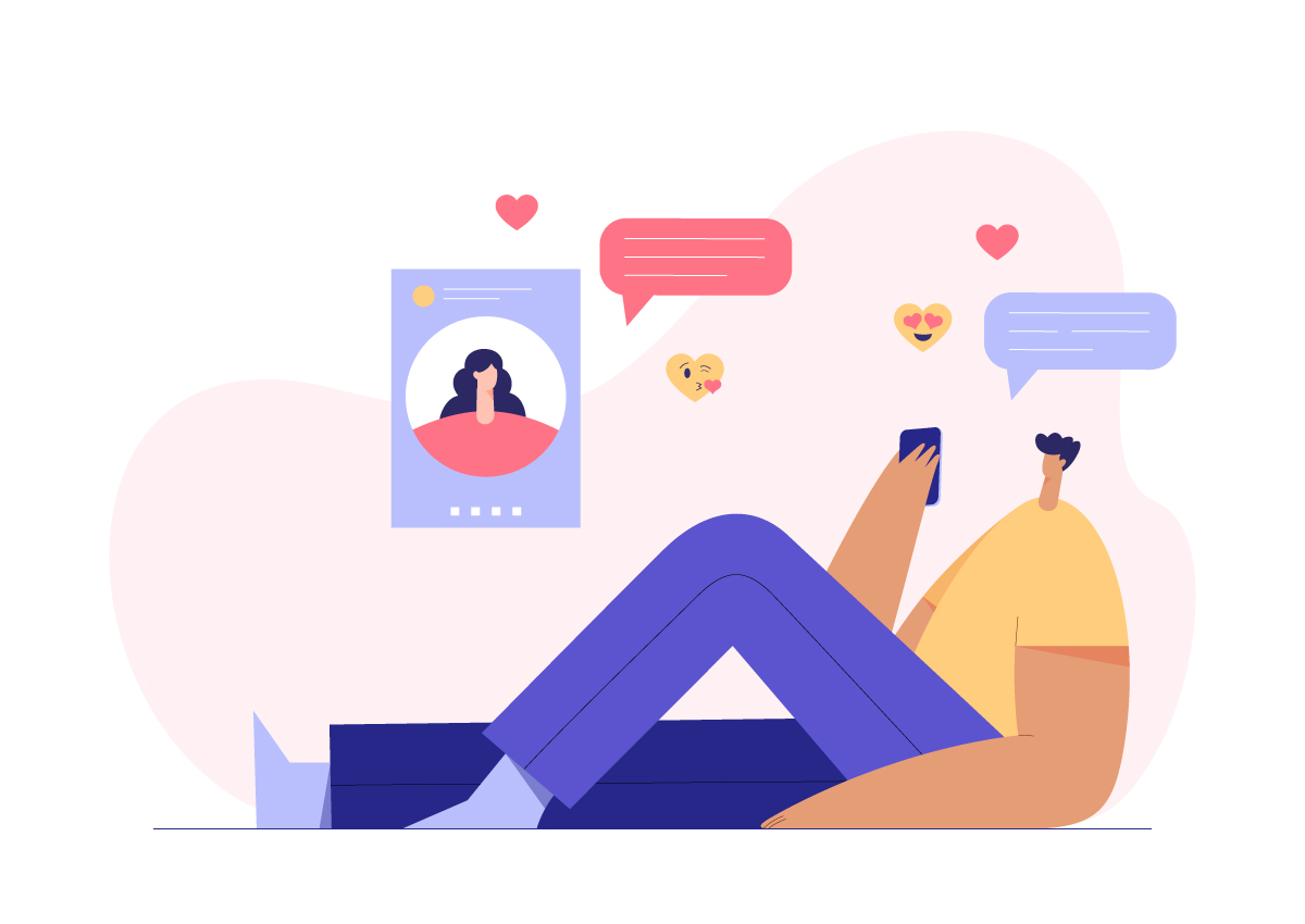 Clipart of an online dating profile, hearts, emojis, chat pop-ups and a man holding his phone.