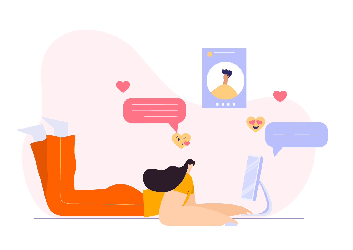 Clipart of an online dating profile, hearts, emojis, chat pop-ups and a woman using her computer.