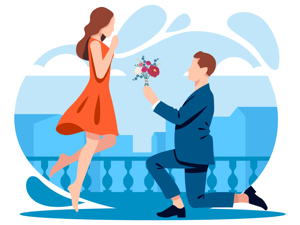 Man kneeling on the floor with flowers in his hands with woman standing in front of him.