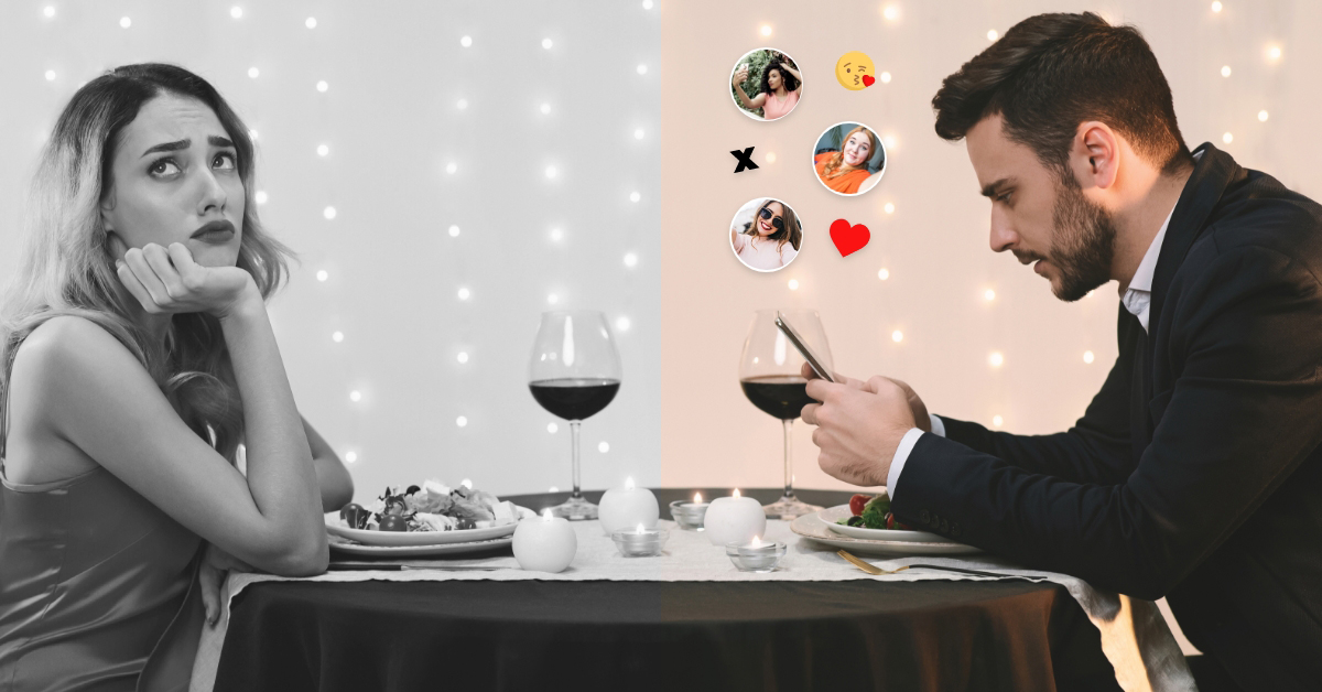 Man and woman on a date with man looking at his phone and woman looking disappointed/bored.