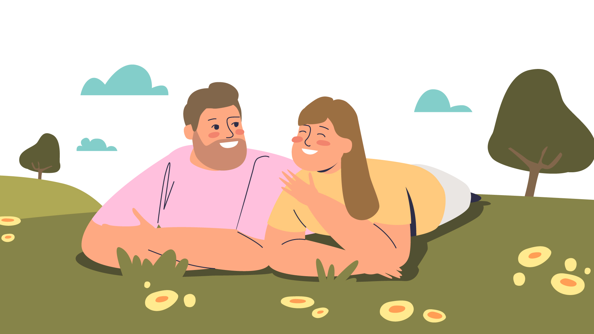 Brunette man and woman lying on the grass in a park and conversing with each other while smiling. It's a sunny day.