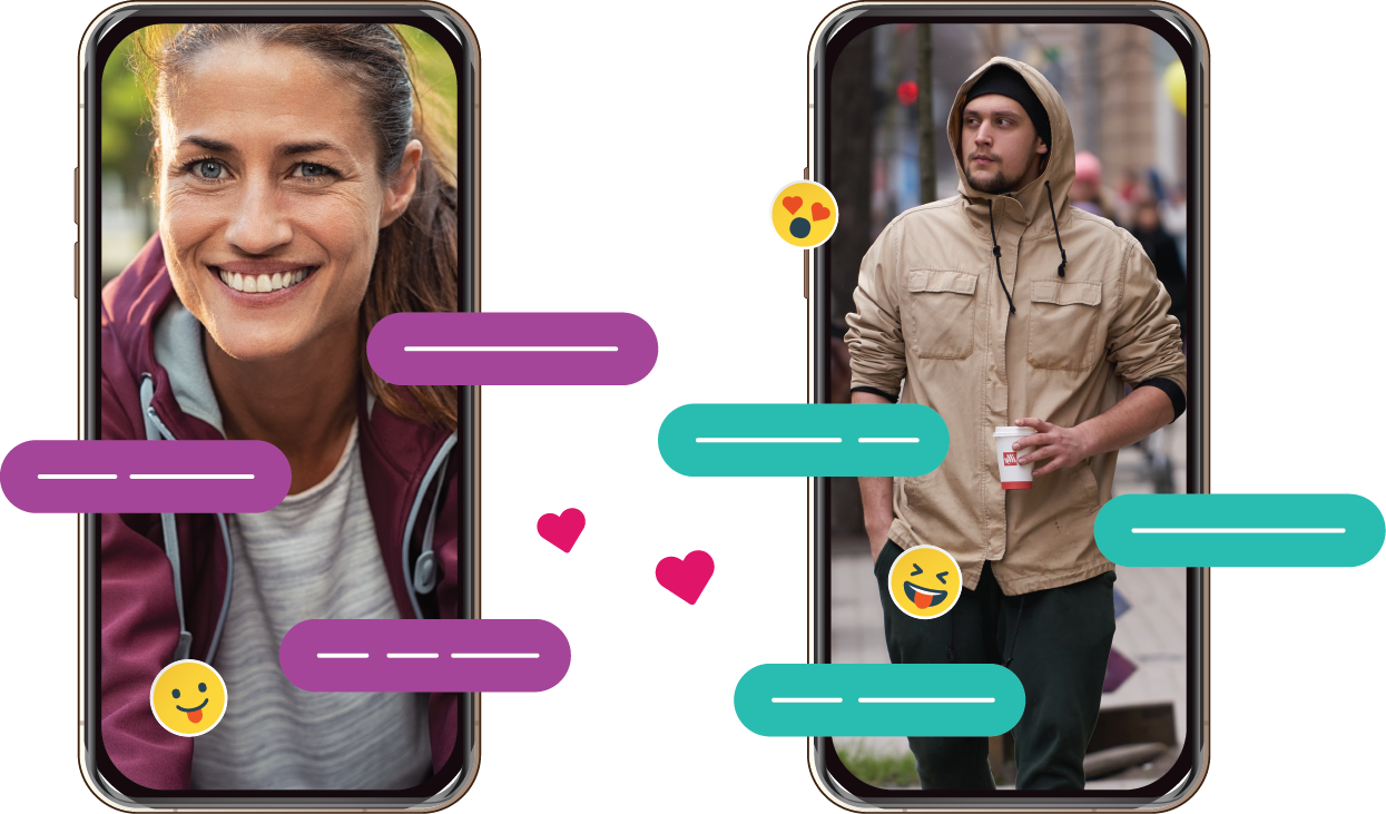 A woman smiling and a man standing while holding a cup are displayed on two phone screens while in front of them are popups and emojis.