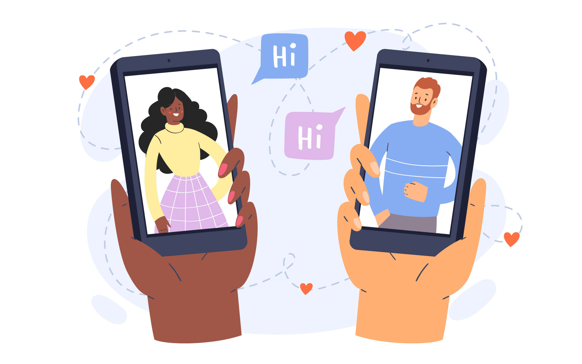 Two hands holding mobile phones, each showing a picture of brunette woman and man. Chat bubbles that read 'hi' between them.