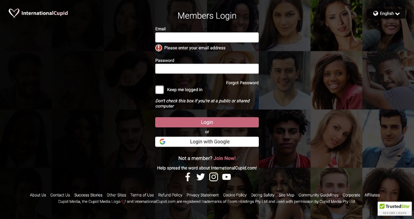 InternationalCupid.com dating site registration process options.