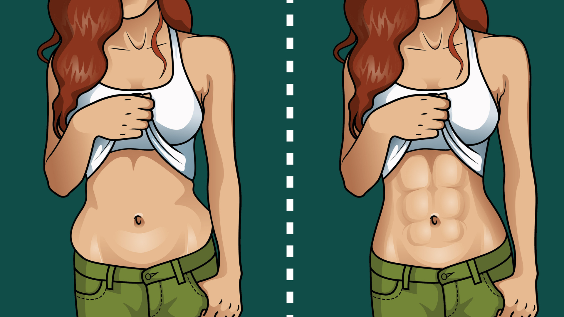 Red-haired woman with white shirt and green trousers holding her shirt up showing her belly before and after dieting.