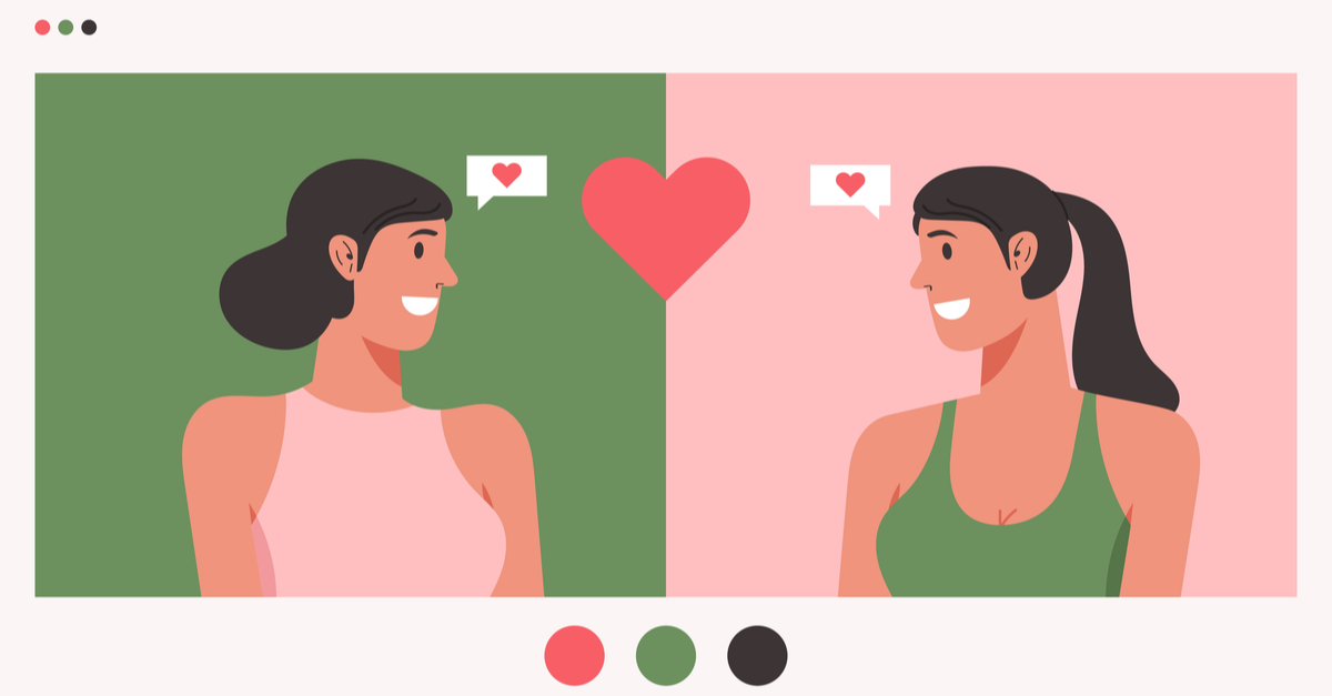 Two women on a video call screen looking at each other with speech bubbles containing hearts in front of them.