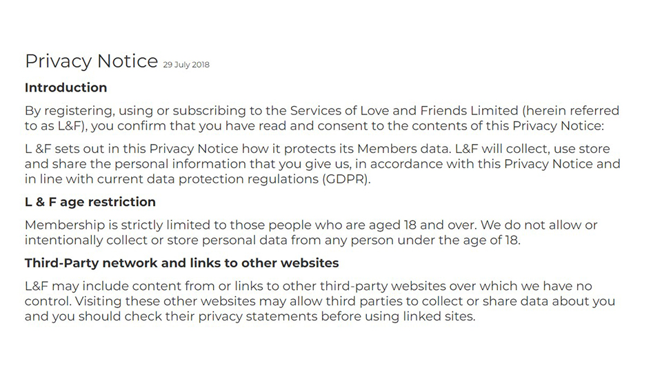 love and friends dating site privacy notice excerpt.