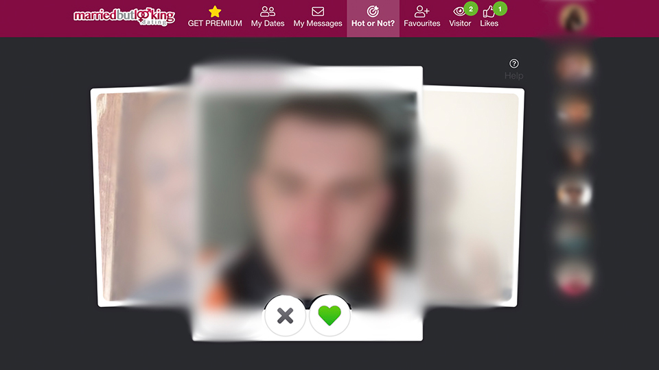 married but looking dot dating dating site 'Hot or Not' feature with blurred profile.