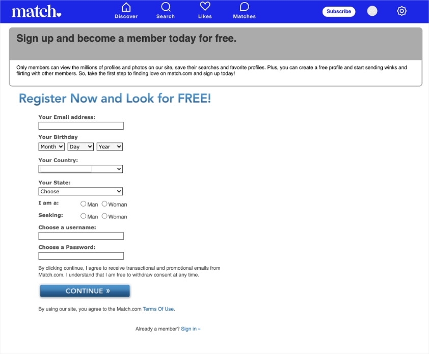 Match.com dating site registration process
