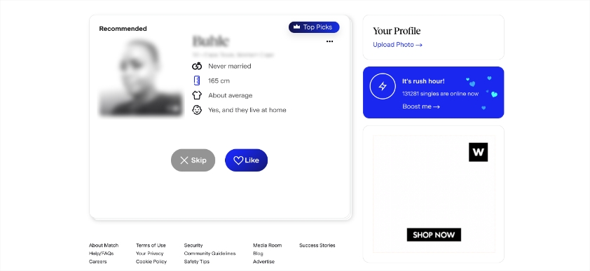 Match.com dating site registration process profile completion