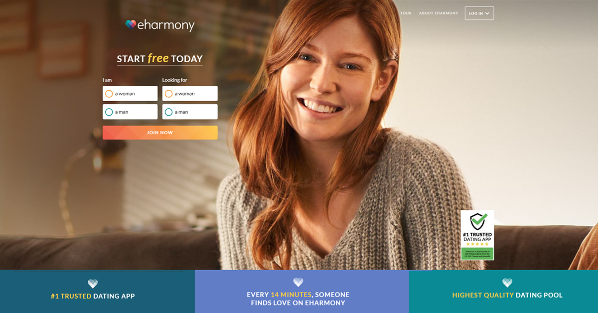 Home page for dating site Eharmony (Desktop Version).