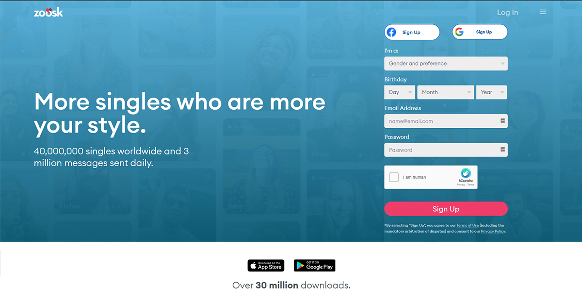 Home page for dating site Zoosk (Desktop Version)