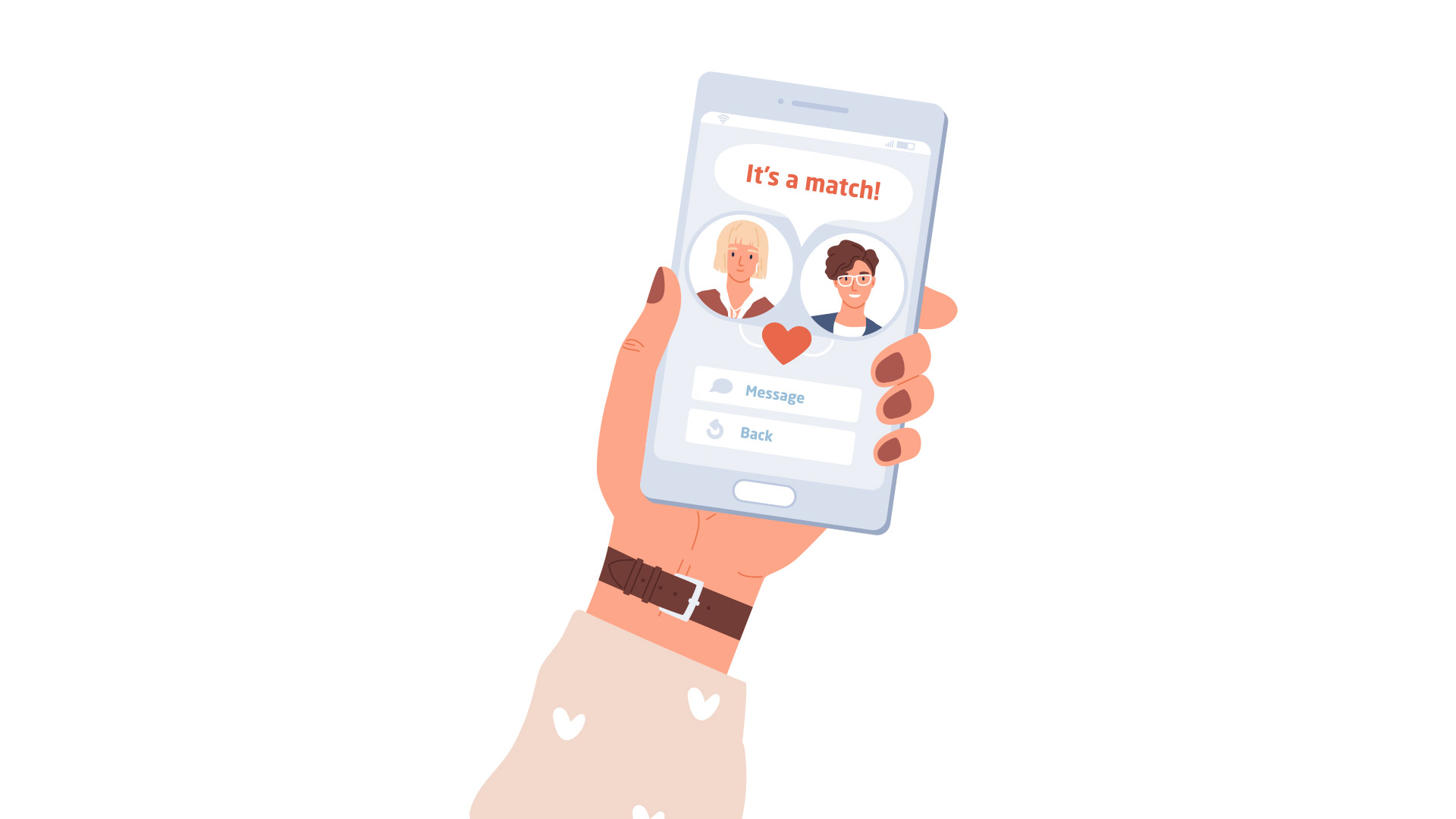 Cartoon drawing of a woman's hand holding her mobile phone, the screen showing she has matched on a dating app.