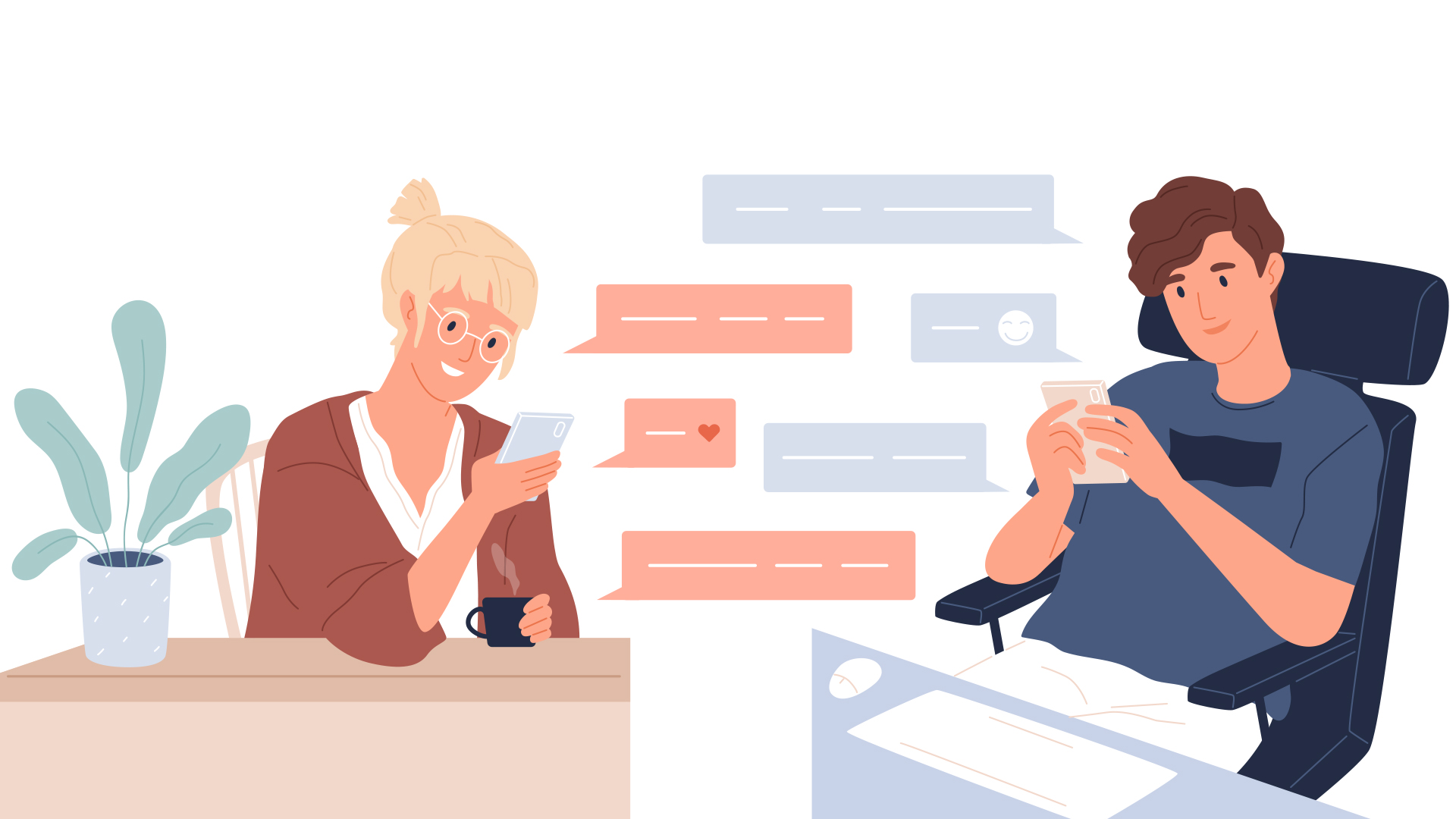 Cartoon drawing of a blonde woman and brunette man sitting down and chatting with each other through their phones.