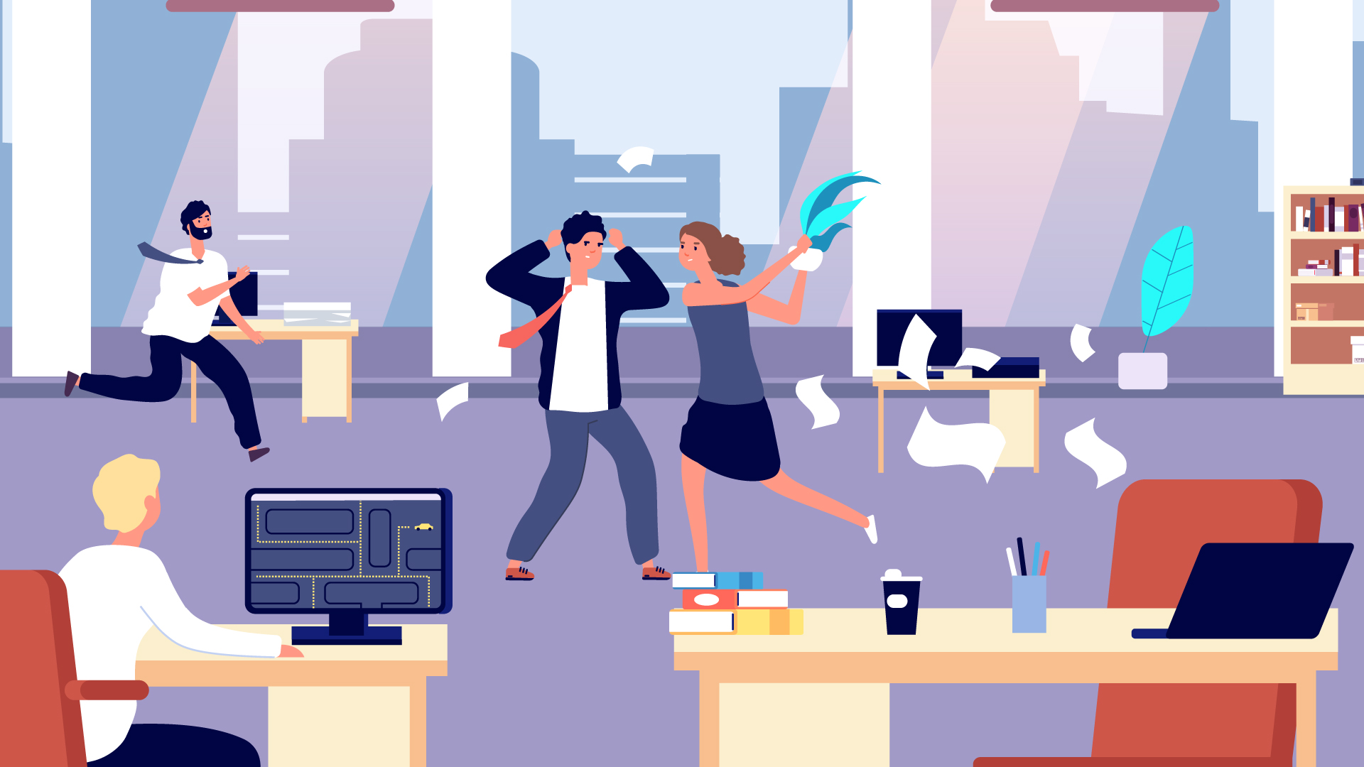 Man and woman fighting in the middle of office. Woman holding a vase about to throw it. Other people are in the office.