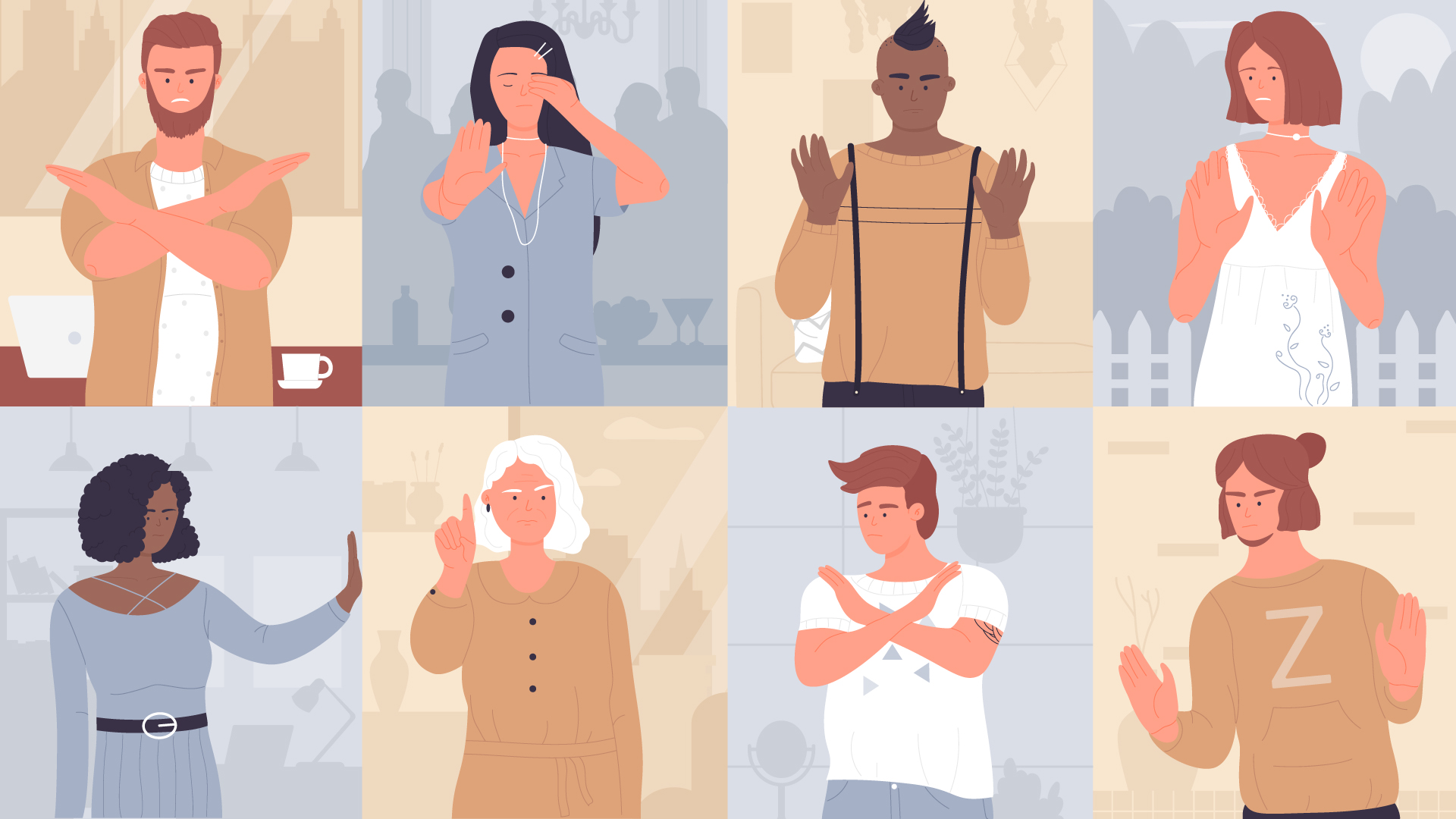 Multiple illustrations of men and women holding their arms in front of their bodies in rejecting gestures.