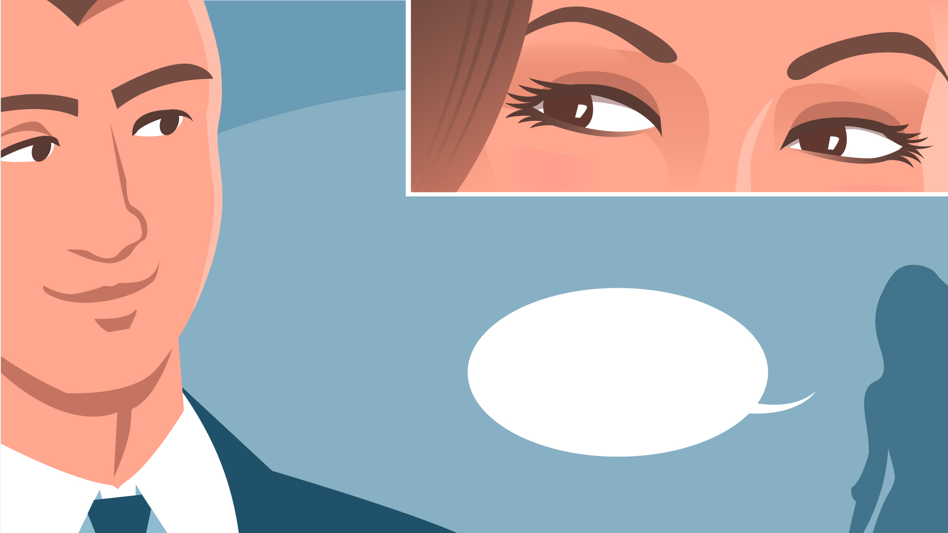 Eyes of a woman looking at a man, who is also looking at her. Empty speech bubble in the image coming from the woman.