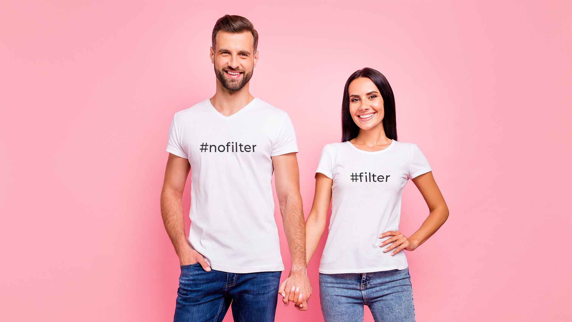 Man and woman dressed in identical clothes, impersonating filtered and non-filtered Instagram pictures.