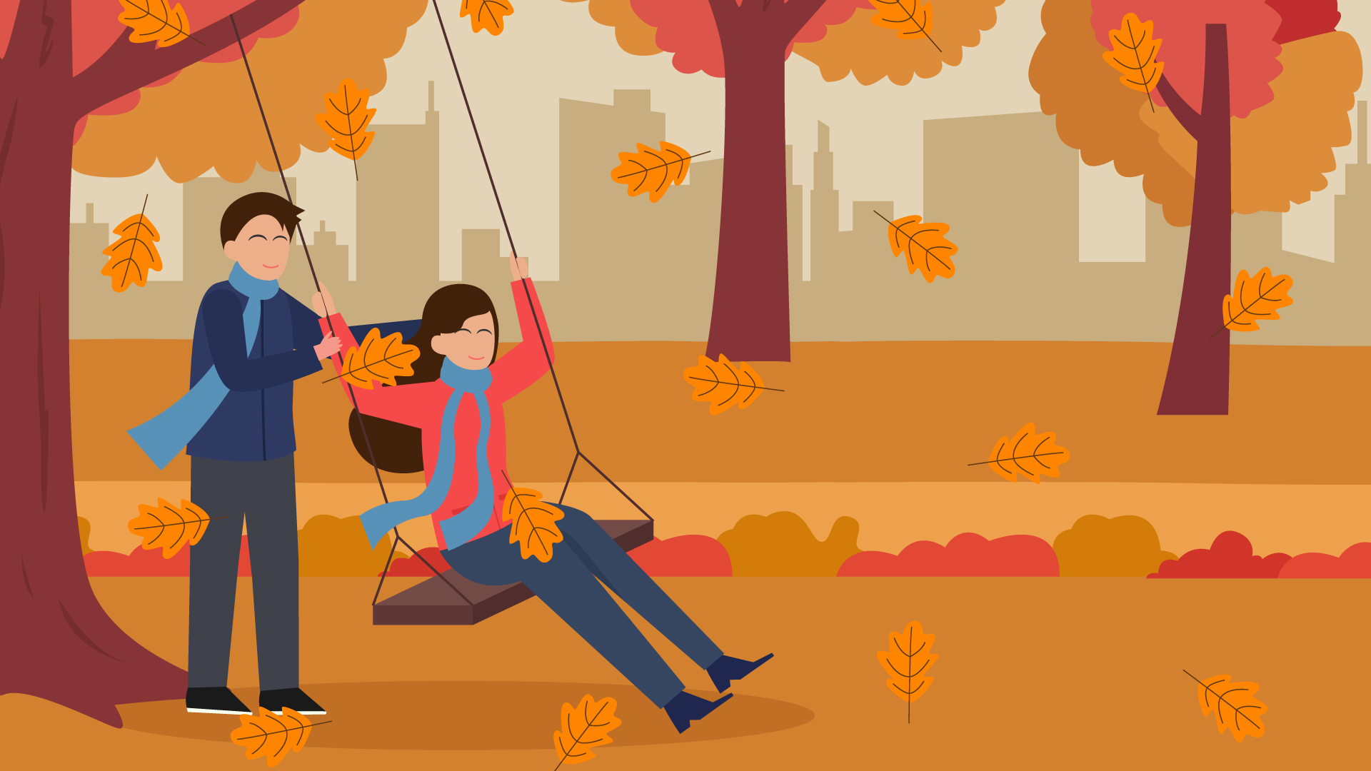 Man and woman in park, the woman sitting on a swing while man pushes her from behind. Yellow leaves fall around them.