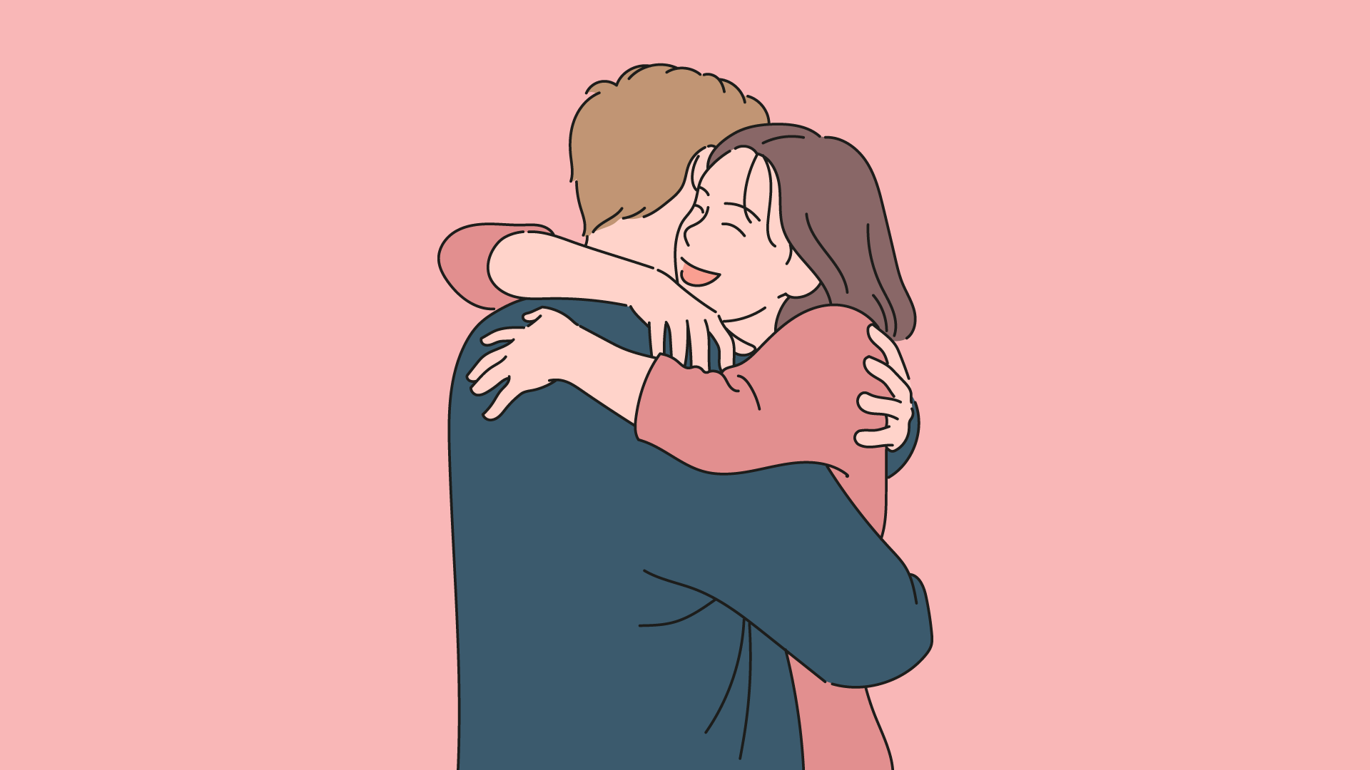 Man with blonde hair and teal jumper, and woman with brown hair and pink jumper hugging closely.