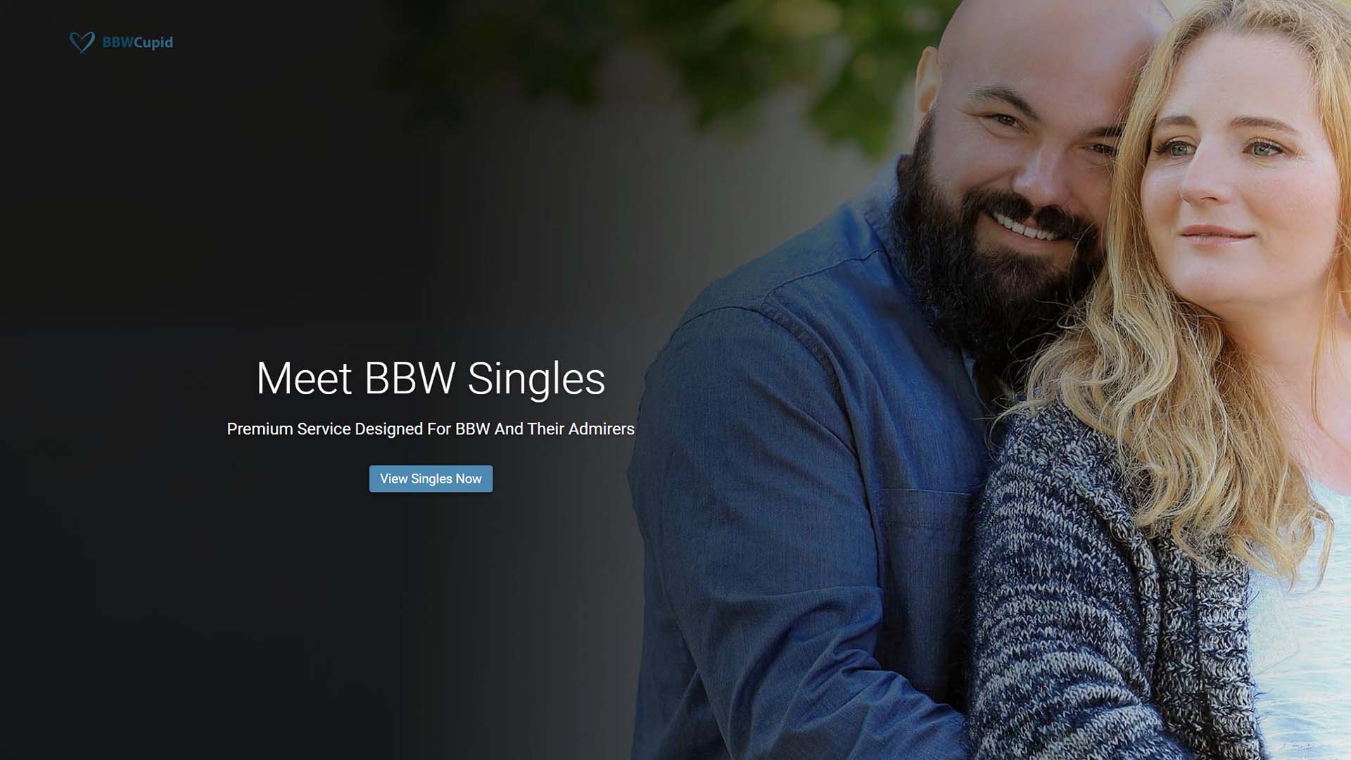 BBWCupid dating site homepage showing two plus-size people hugging and smiling.