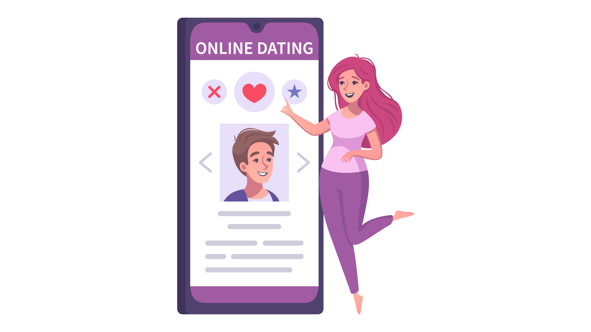 Illustration of a pink-haired woman standing next to a life-sized mobile phone pointing at the dating profile of a man.