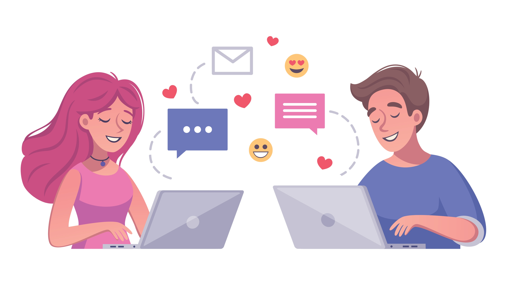 Illustration of pink-haired woman and brunette man across each other on their laptops with chat bubbled between them.