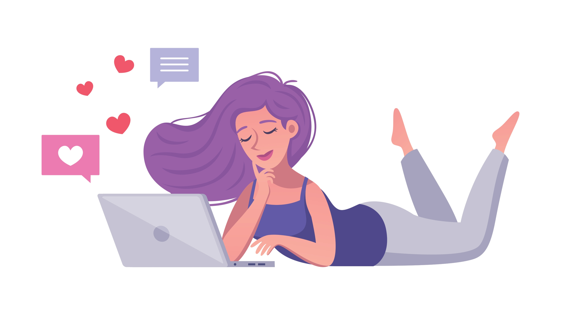 Illustration of a purple-haired woman lying on the ground with her laptop in front of her, with chat bubbles above it.