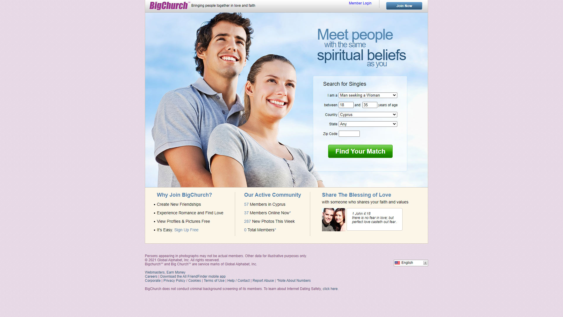 Big Church dating site homepage.