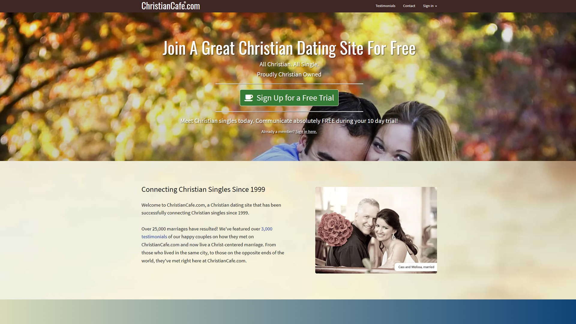 Christian Cafe dating site homepage.