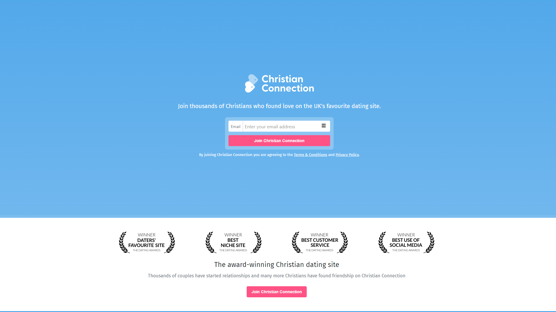 Christian Connection dating site homepage.