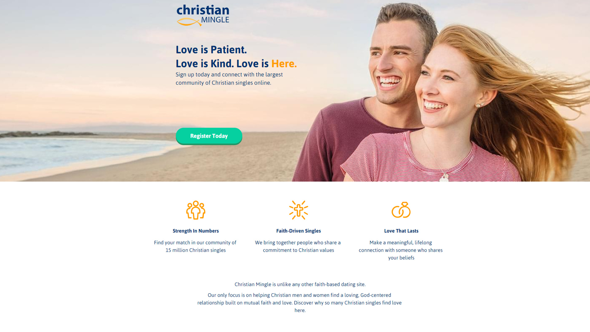 Christian Mingle dating site homepage.
