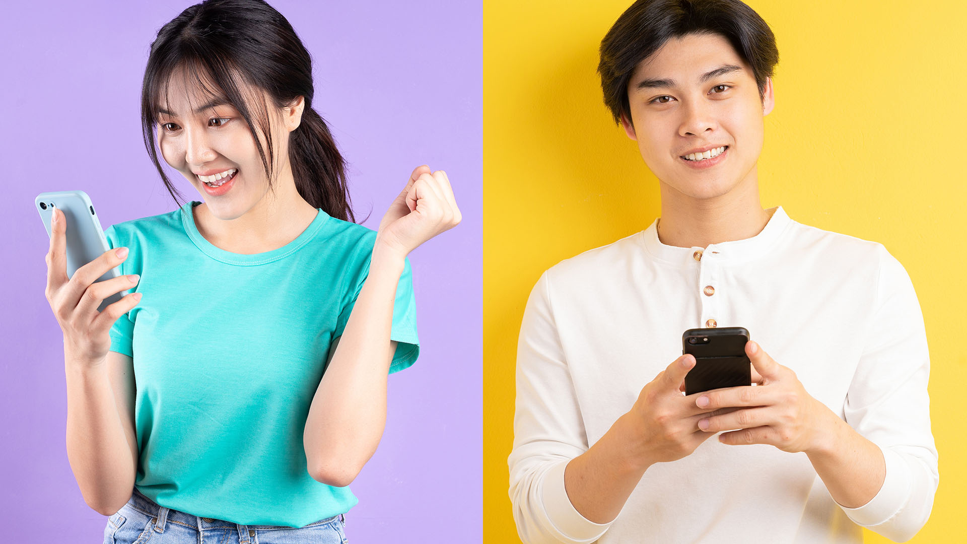 Asian woman in turquise shirt and purple background next to man in white shirt and yellow background. They are holding phones