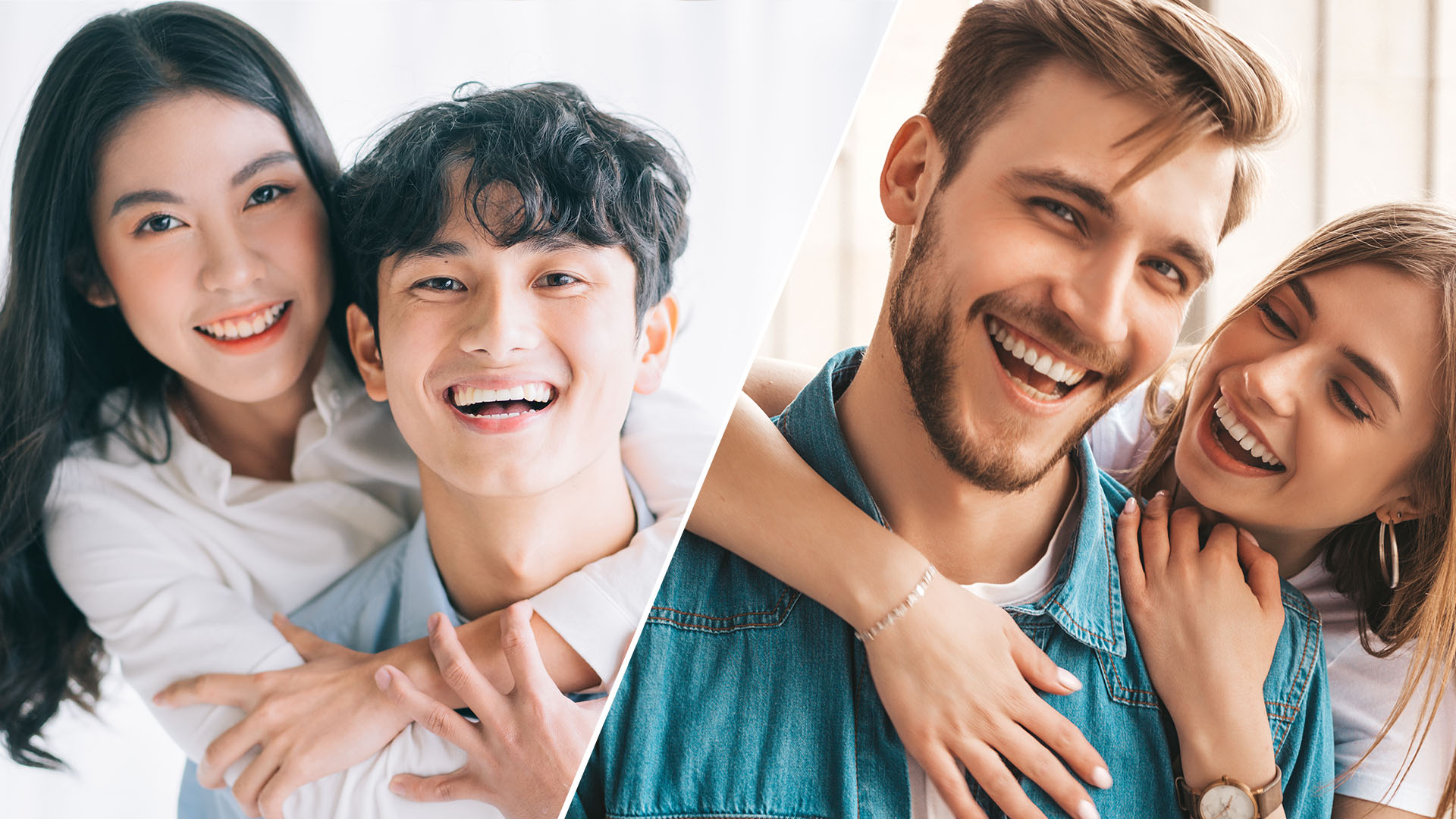 Asian couple and western couple next to each other. The women are hugging the men from behind while smiling.