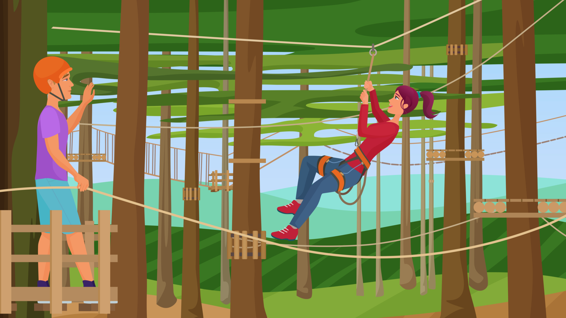 Man and woman wearing equipment for adventure parks in a forest with ropes hanging from different trees