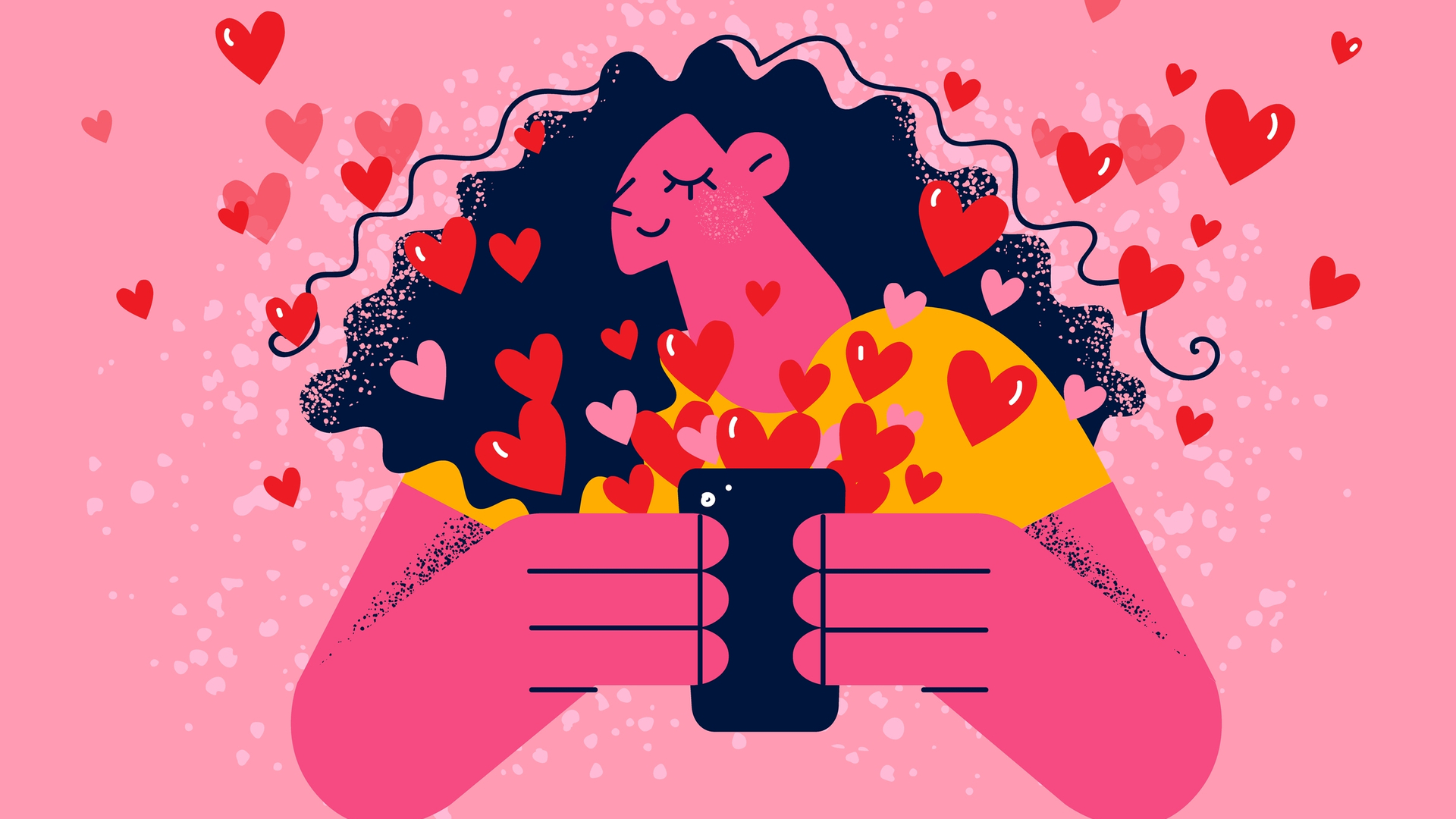 Drawing of a black-haired woman holding her phone. Many love hearts are flying towards her through her phone's screen.