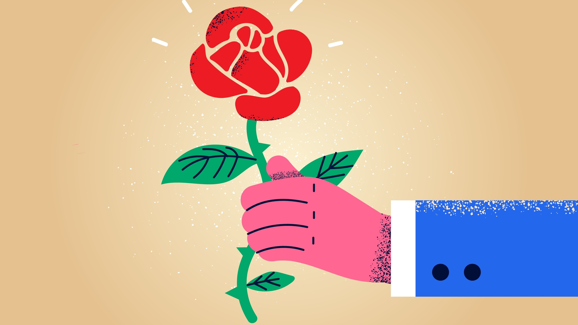 Drawing of a man's hand in blue suit holding a red rose and offering it forward. Beige background.