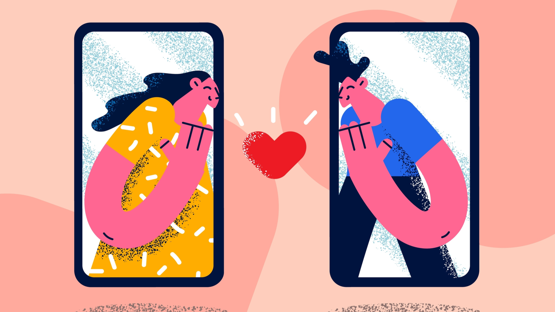 Drawing of a man and a woman standing in front of each other in two separate phone screens with a love heart between them.