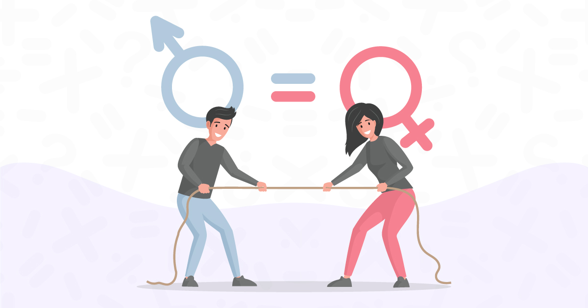 Man and woman pulling a rope from opposite sides with the male and female symbols in the background.