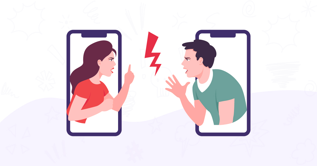 Man and woman coming out of their phone screens arguing with a red lightning between them.