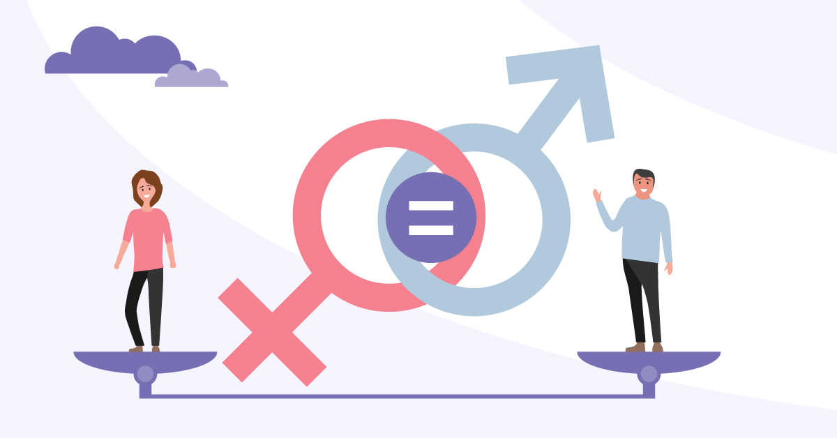 Man and woman standing on a scale with large male and female symbols between them.